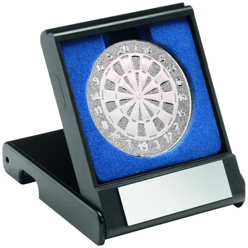 BLACK PLASTIC BOX WITH DARTS INSERT TROPHY SILVER - 3.5in