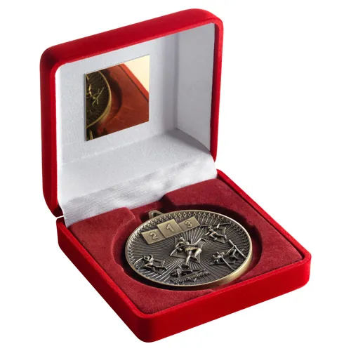 RED VELVET BOX AND 60mm MEDAL ATHLETICS TROPHY ANTIQUE GOLD - 4in