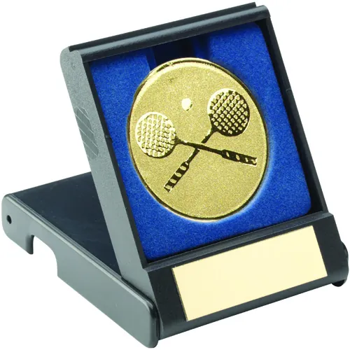 BLACK PLASTIC BOX WITH SQUASH INSERT TROPHY GOLD - 3.5in