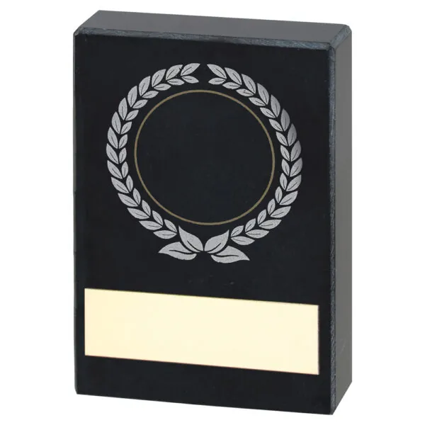 BLACK MARBLE WITH SILVER/GOLD WREATH AND PLATE (1in CENTRE) - 3x2in