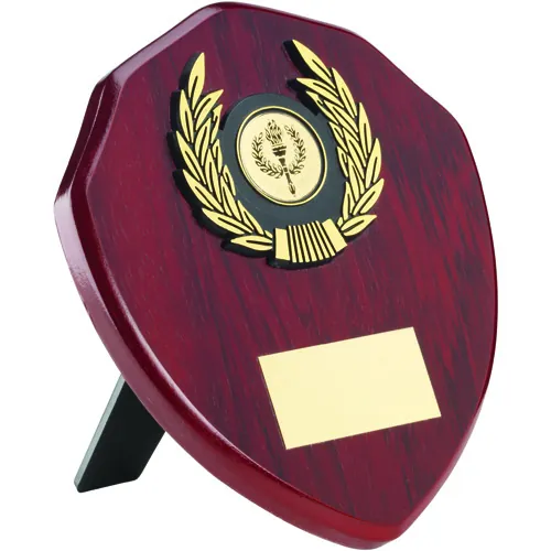 ROSEWOOD SHIELD AND GOLD TRIM ASSEMBLED TROPHY (1in CENTRE) - 6in