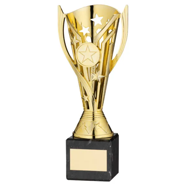 GOLD PLASTIC 'FLASH' CUP ON BLACK MARBLE ASSEMBLED TROPHY (1" CEN) - 7.25in