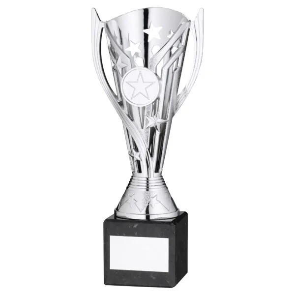 SILVER PLASTIC 'FLASH' CUP ON BLACK MARBLE ASSEMBLED TROPHY (1" CEN) - 8in