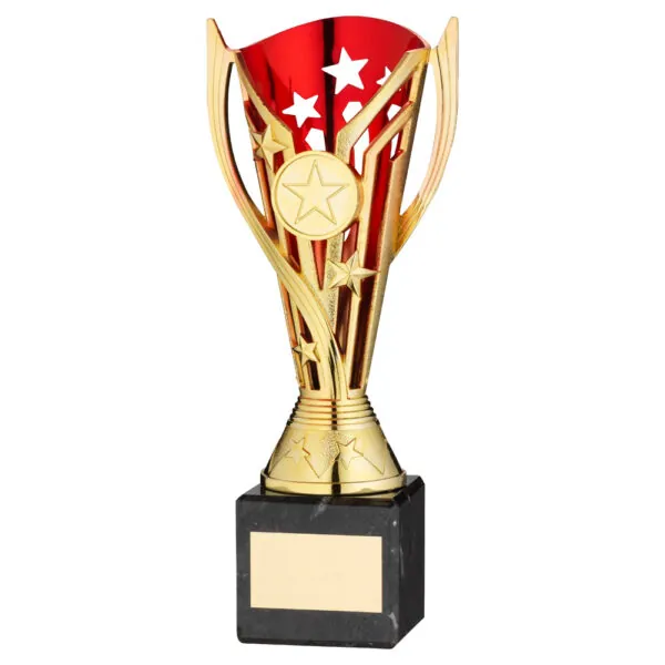 GOLD/RED PLASTIC 'FLASH' CUP ON BLACK MARBLE ASSEMBLED TROPHY (1" CEN) - 8in