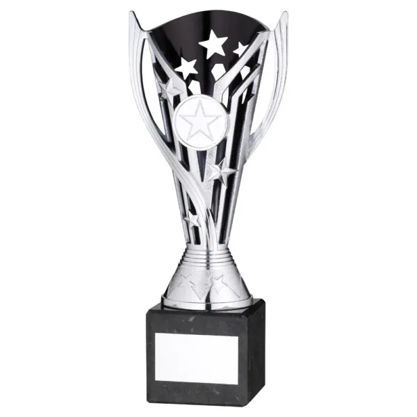 SILVER/BLK PLASTIC 'FLASH' CUP ON BLK MARBLE ASSEMBLED TROPHY (1" CEN) - 9in