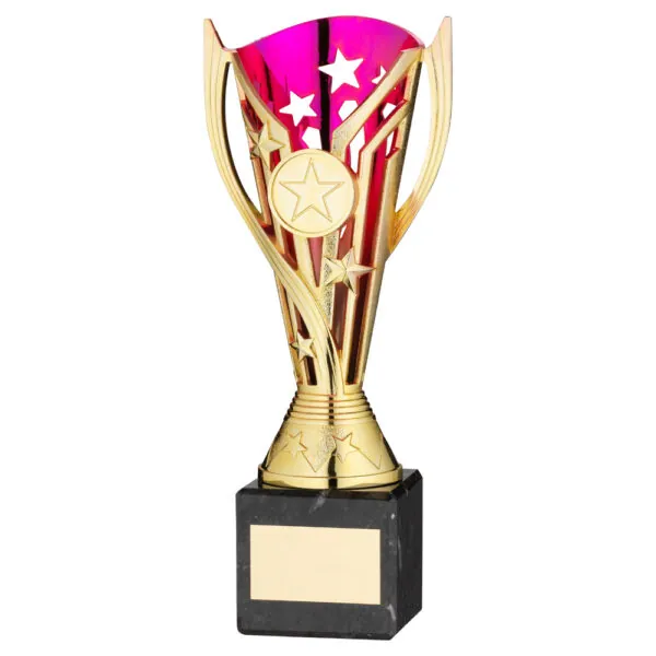 GOLD/PURPLE PLASTIC 'FLASH' CUP ON BLK MARBLE ASSEMBLED TROPHY (1" CEN) - 8in