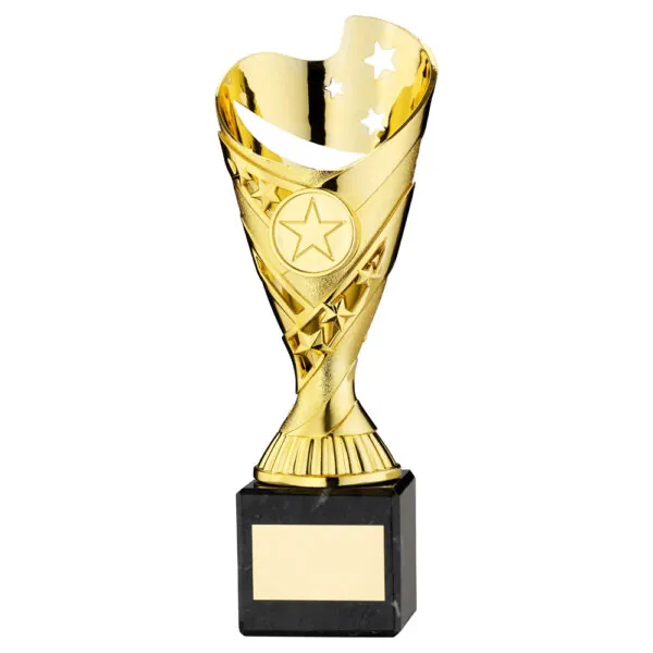 GOLD PLASTIC 'SABRE' CUP ON BLACK MARBLE ASSEMBLED TROPHY (1" CEN) - 7.25in