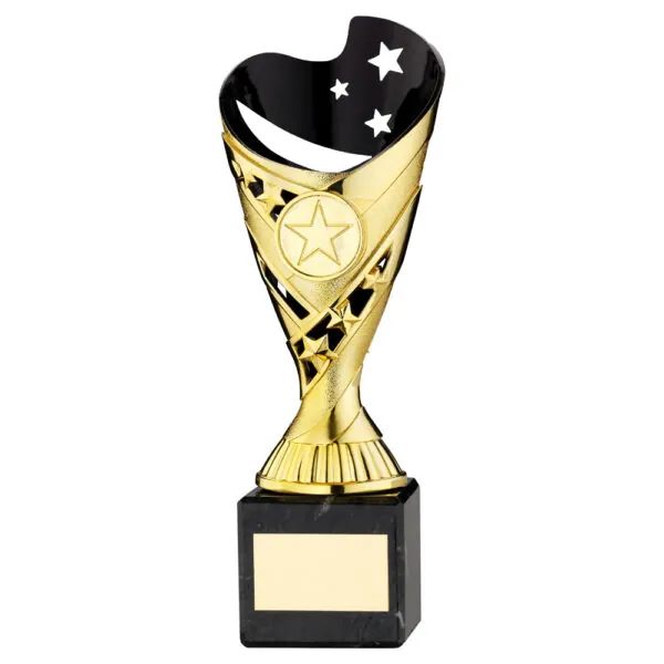 GOLD/BLK PLASTIC 'SABRE' CUP ON BLK MARBLE ASSEMBLED TROPHY (1" CEN) - 6.75in