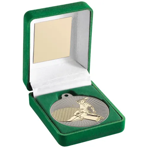 GREEN VELVET BOX AND 50mm TABLE TENNIS MEDAL TROPHY MATT SILVER/GOLD - 3.5in