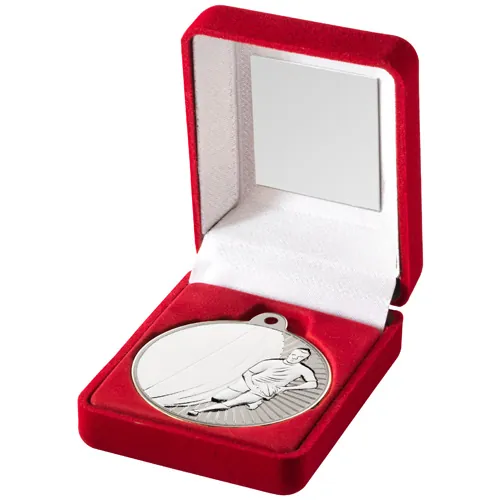 RED VELVET BOX AND 50mm RUGBY MEDAL TROPHY MATT SILVER/SILVER  3.5in