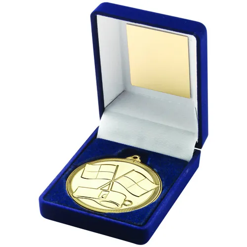 BLUE VELVET BOX AND GOLD MEDAL REFEREE TROPHY - 3.5in