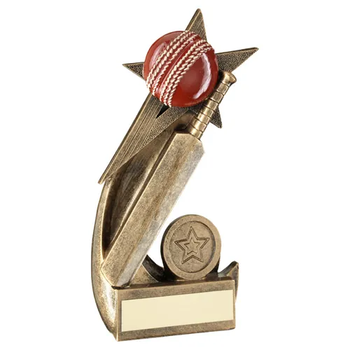 BRZ/GOLD/RED CRICKET BALL AND BAT ON SHOOTING STAR WITH PLATE (1in CEN) - 4.5in