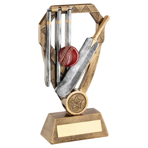 BRZ/PEW/GOLD CRICKET BAT WITH BALL & STUMPS ON DIAMOND WITH PLATE (1" CEN) - 7"