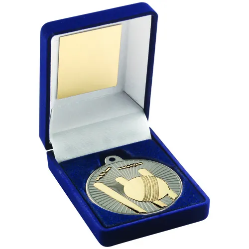 BLUE VELVET BOX AND 50mm CRICKET MEDAL TROPHY MATT SILVER/GOLD - 3.5in