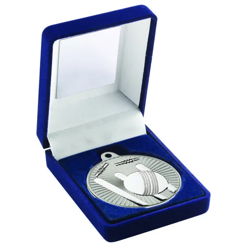 BLUE VELVET BOX AND 50mm CRICKET MEDAL TROPHY MATT SILVER/SILVER - 3.5in