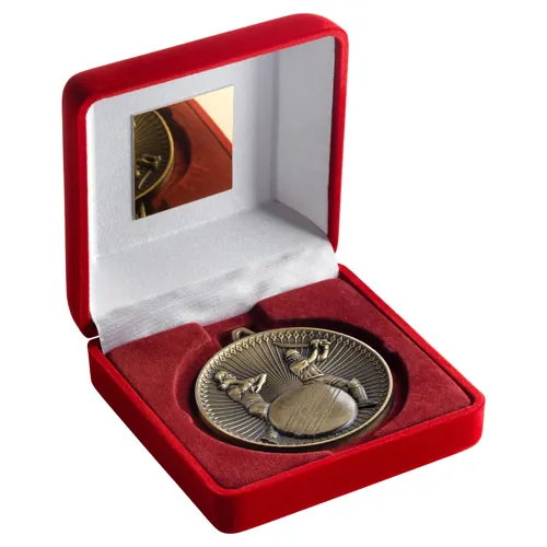 RED VELVET BOX AND 60mm MEDAL CRICKET TROPHY ANTIQUE GOLD - 4in