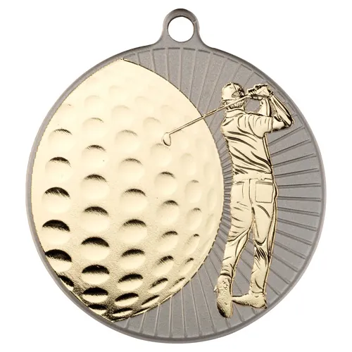 GOLF TWO COLOUR MEDAL MATT SILVER/GOLD -     2.75in