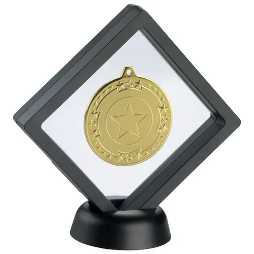 BLACK/CLEAR PLASTIC MEDAL BOX WITH STAND (FOR 50mm MEDAL) - 5in