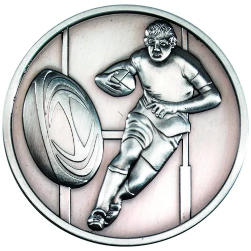 RUGBY MEDALLION ANTIQUE SILVER - 2.75in