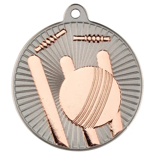 CRICKET TWO COLOUR MEDAL MATT SILVER/BRONZE - 2in