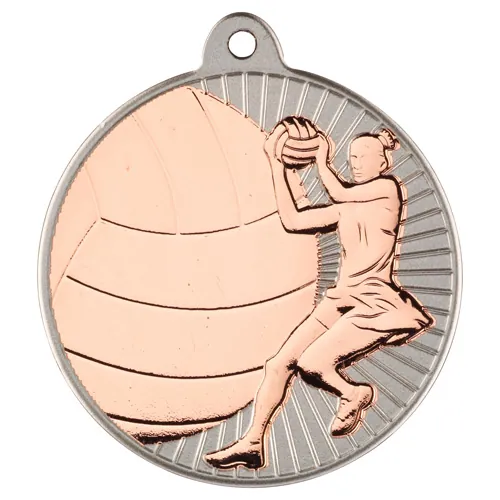 NETBALL TWO COLOUR MEDAL MATT SILVER/BRONZE - 2in