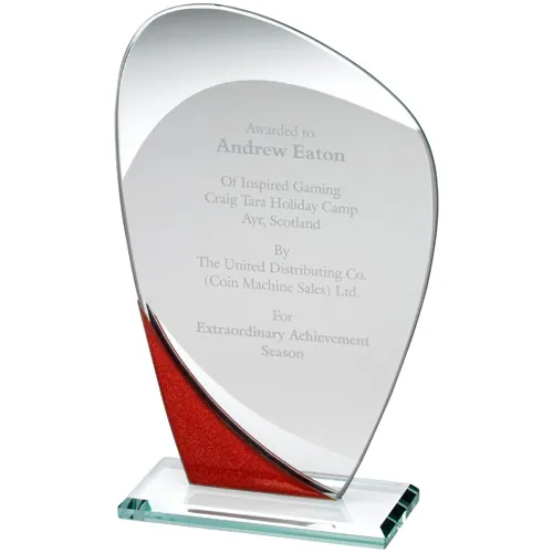 JADE GLASS CURVED PLAQUE WITH RED/SILVER DETAIL (4mm THICK) - 6.5in