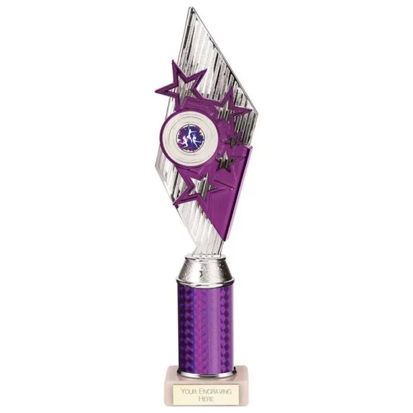 Pizzazz Plastic Tube Trophy Silver & Purple 350mm