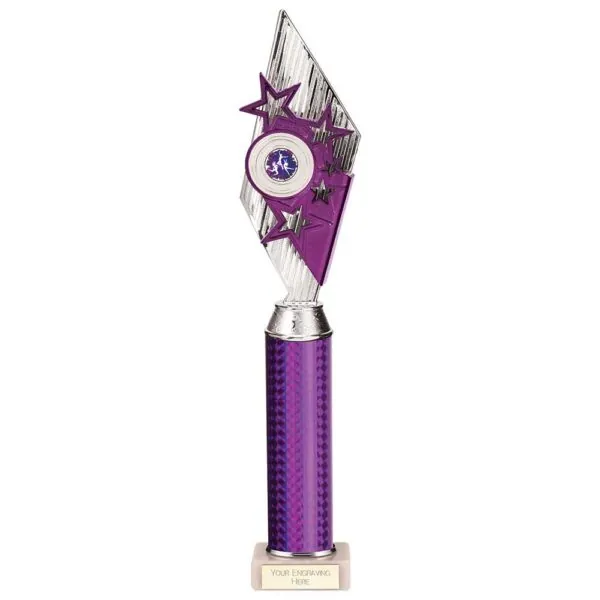 Pizzazz Plastic Tube Trophy Silver & Purple 425mm