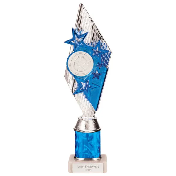 Pizzazz Plastic Tube Trophy Silver & Blue 325mm