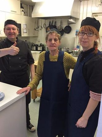 Derek, Jean+Bryony modelling our new aprons
