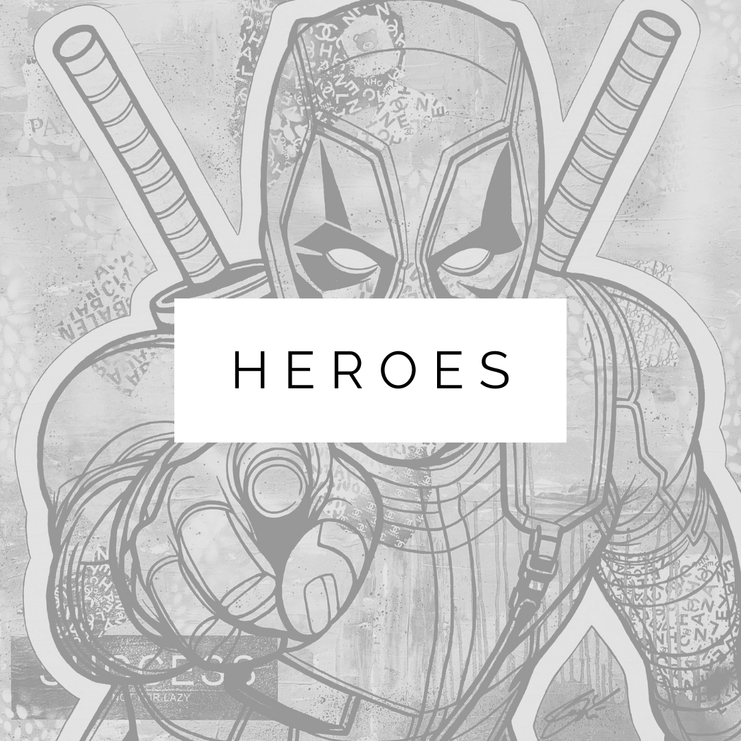 Heroes-Serie – Ikonischer Held von Beyond Signature Kunstwerk - Schwarz-Weiß-Darstellung eines ikonischen Helden aus der Heroes-Serie von Beyond Signature, mit prominentem „Heroes“-Schriftzug im Vordergrund.