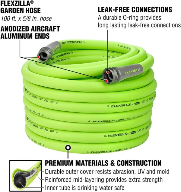 Flexzilla Garden Hose 5/8 in. x 100 ft., Heavy Duty, Lightweight, Drinking Water Safe, Zilla - HFZG5100YW-E, Green - Image 5