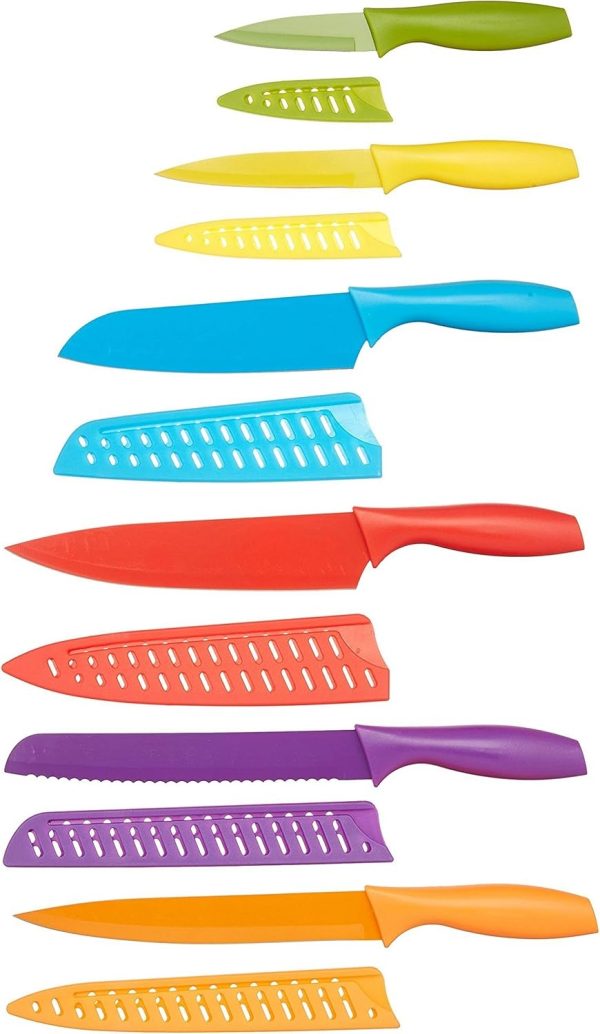 Amazon Basics Color-Coded Kitchen 12-Piece Knife Set, 6 Knives with 6 Blade Guards, Multicolor, 13.88 x 4.13 x 1.38 inch