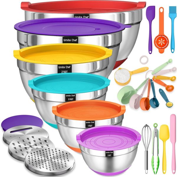 Mixing Bowls with Airtight Lids Set, 26PCS Stainless Steel Khaki Bowls with Grater Attachments, Non-Slip Bottoms & Kitchen Gadgets Set, Size 7, 4, 2.5, 2.0,1.5, 1QT, Great for Mixing & Serving - Image 9