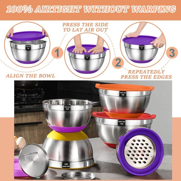 Mixing Bowls with Airtight Lids Set, 26PCS Stainless Steel Khaki Bowls with Grater Attachments, Non-Slip Bottoms & Kitchen Gadgets Set, Size 7, 4, 2.5, 2.0,1.5, 1QT, Great for Mixing & Serving - Image 10