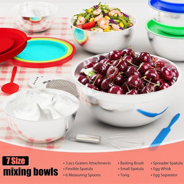 Mixing Bowls with Lids Set, 7 PCS Stainless Steel Mixing Bowls with 3 Grater Attachments, Size 4.5, 4, 3.5, 2.1, 1.5, 1.1, 0.7QT, Ideal for Kitchen Cooking Baking & Serving - Image 8