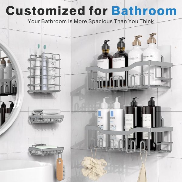 Adhesive Shower Caddy, 5 Pack Rustproof Stainless Steel Bath Organizers With Large Capacity, No Drilling Shelves for Bathroom Storage & Home Decor - Image 40