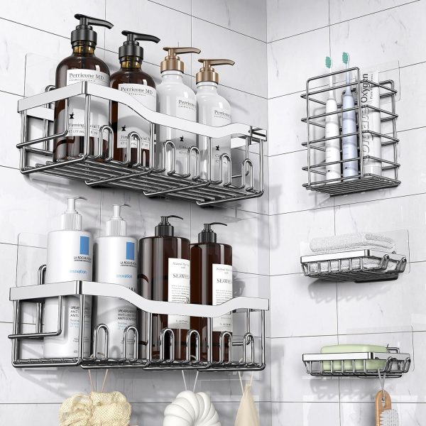 Adhesive Shower Caddy, 5 Pack Rustproof Stainless Steel Bath Organizers With Large Capacity, No Drilling Shelves for Bathroom Storage & Home Decor - Image 74