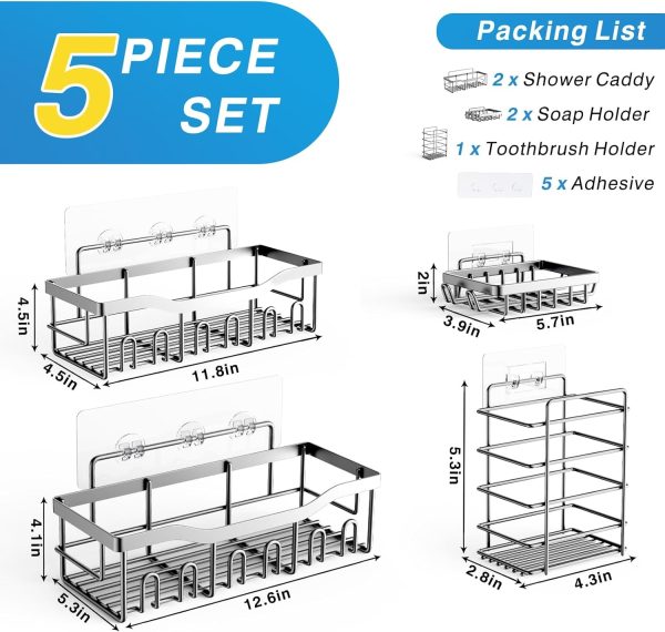 Adhesive Shower Caddy, 5 Pack Rustproof Stainless Steel Bath Organizers With Large Capacity, No Drilling Shelves for Bathroom Storage & Home Decor - Image 80