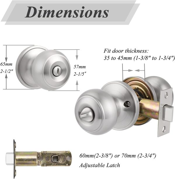 Probrico Privacy Interior Door Knobs Bed and Bath Handles Keyless Sain Nickel Locksets, 6 Pack - Image 19