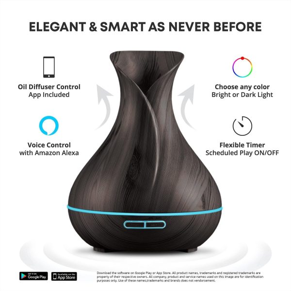 Smart WiFi Wireless Essential Oil Aromatherapy 400ml Ultrasonic Diffuser & Humidifier with Alexa & Google Home Phone App & Voice Control - Create Schedules - LED & Timer Settings Dark Brown - Image 3