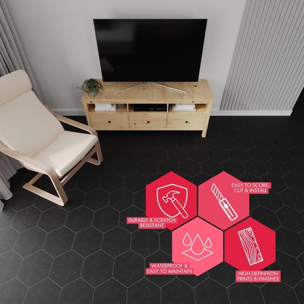 BaseCore HEX Hexagon Vinyl Flooring Black 5.75" DIY Self Adhesive Textured Modern Floor Tile Peel & Stick Tile (36pcs/21.5sqft per case) - Image 12