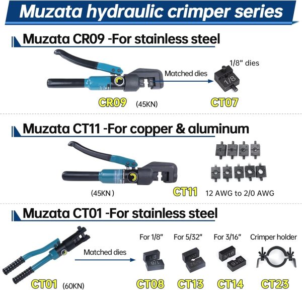 Muzata 45KN Upgraded Custom Hydraulic Hand Crimper Tool for 1/8" Stainless Steel Cable Railing Kit Hardware Wire Rope Swaging 1Pair Dies with Wire Cable Cutter CR09 CK12, CT1 - Image 7