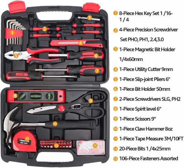 KingTool Home Tool Set Kit - 286 PCS Home Auto Repair Tool Kit with Rolling Tool Box, Mechanic Tool Sets with 21V Max Cordless Power drill, Perfect for Homeowner, Diyer, Handyman - Image 18