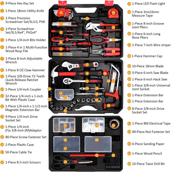 KingTool Home Tool Set Kit - 286 PCS Home Auto Repair Tool Kit with Rolling Tool Box, Mechanic Tool Sets with 21V Max Cordless Power drill, Perfect for Homeowner, Diyer, Handyman - Image 25