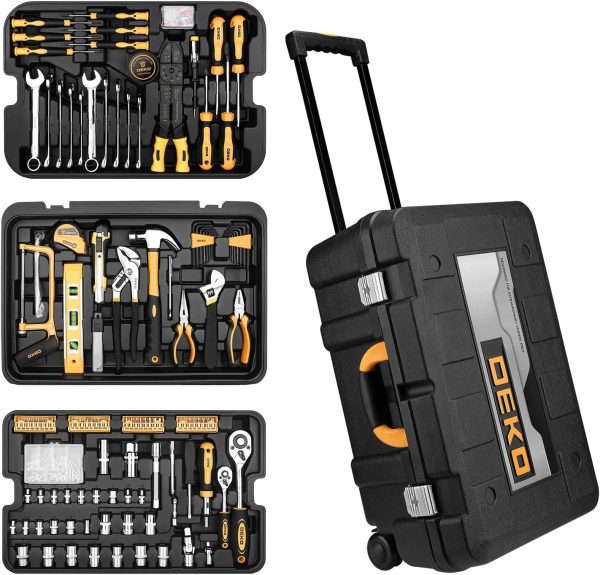 DEKOPRO 258 Piece Tool Kit with Rolling Tool Box Socket Wrench Hand Tool Set Mechanic Case Trolley Portable