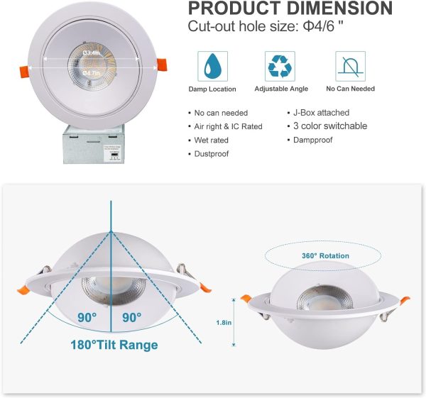 Lightdot Ceiling Light Fixture, Gimbal Recessed Lighting 6 inch, LED Eyeball Ceiling Lights - Image 13