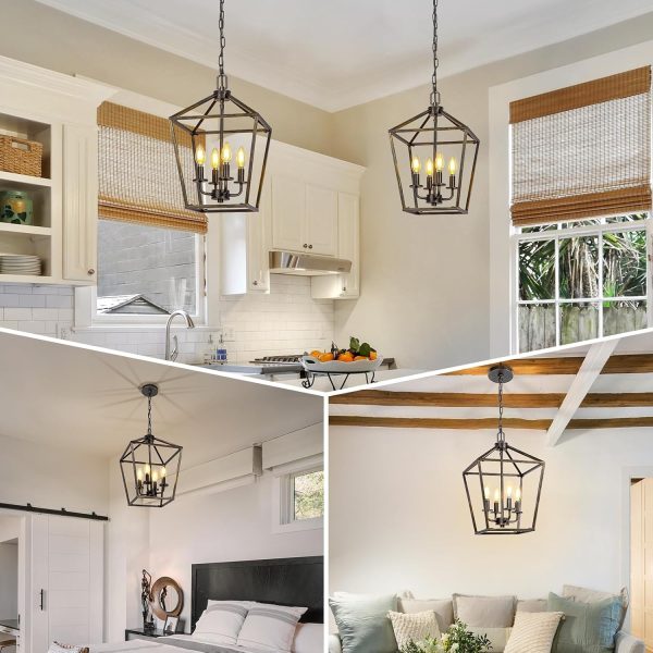 4 Light Chandelier, Industrial Ceiling Light Black Lantern Light Fixtures with Farmhouse Metal Cage Adjustable Height Rustic Geometric Hanging Light E12 Base for Kitchen Island, Entryway, Indoor - Image 44