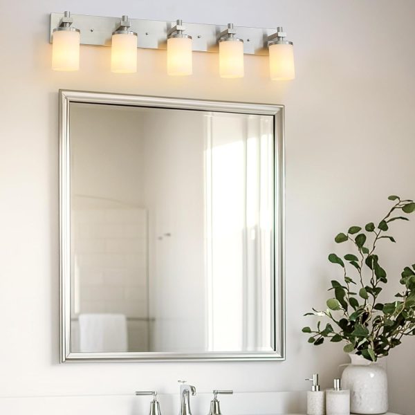 LOUSACE Bathroom Light Fixtures Over Mirror Brushed Nickel, 6 Light Bathroom Vanity Lights, Modern Bathroom Lighting with Opal White Glass Shades, Wall Sconces Fixture Vanity Lighting for Bathroom - Image 42