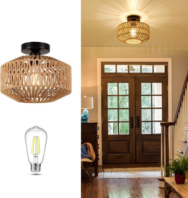 Boho Light Fixtures Ceiling Mount,Mini Rattan Chandelier Light Fixture with Dimmable LED Bulb,Hand Woven Ceiling Light Fixtures Flush Mount for Hallway Bedroom Kitchen Entryway Living Room - Image 3